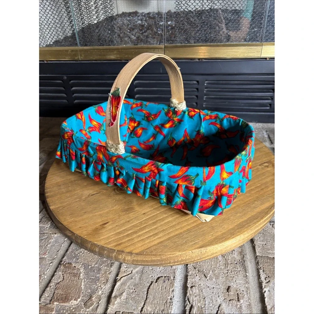 Handcrafted Basket w/ Turquoise Liner &‎ Red Chili Peppers Southwestern 12